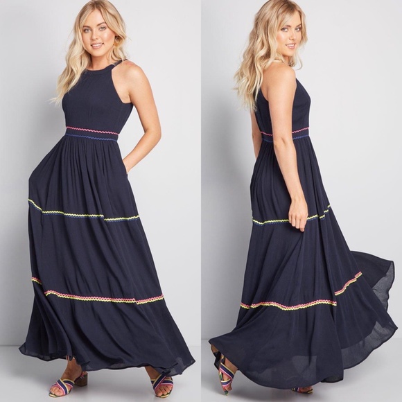 Modcloth Dresses & Skirts - NWT ModCloth Yes to Festive Tiered Maxi Dress Navy Blue Size 12 Ric Rac Detail